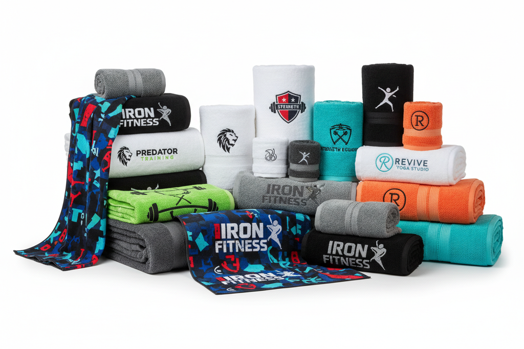 Baskılı fitness havlu çeşit gösterimi - farklı renkler