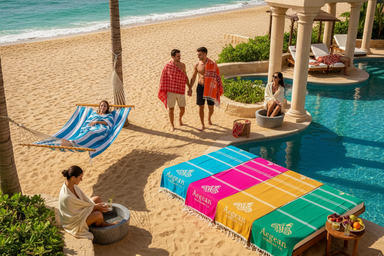 Baskılı peştemal kullanım görseli - plaj ve hamam