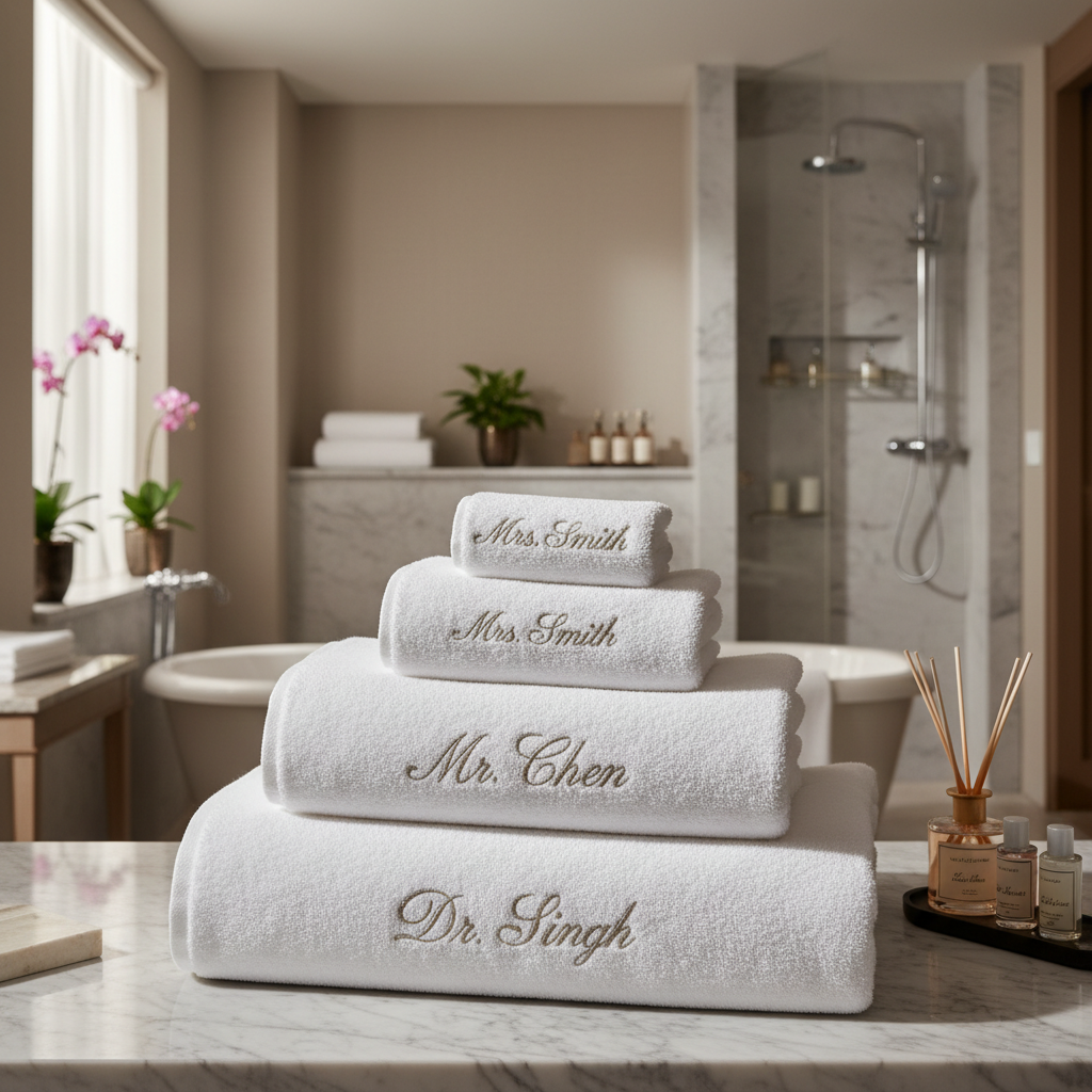 Otel banyosunda isim nakışlı havlu yığını